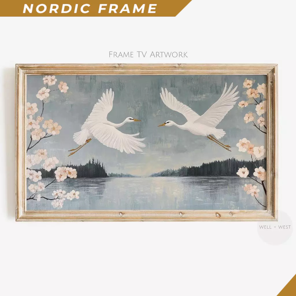 Tranh treo tường, Spring Crane Frame TV Art  Vintage Style Bird Painting  Cherry Blossom Decor  Lake