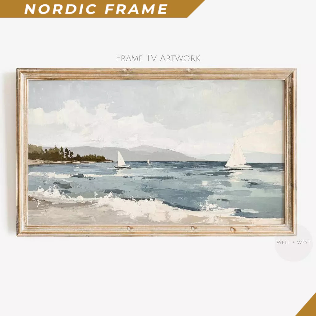 Tranh treo tường, Summer Sailboat Frame TV Art  Vintage Style Seascape Painting  Spring Lake House  