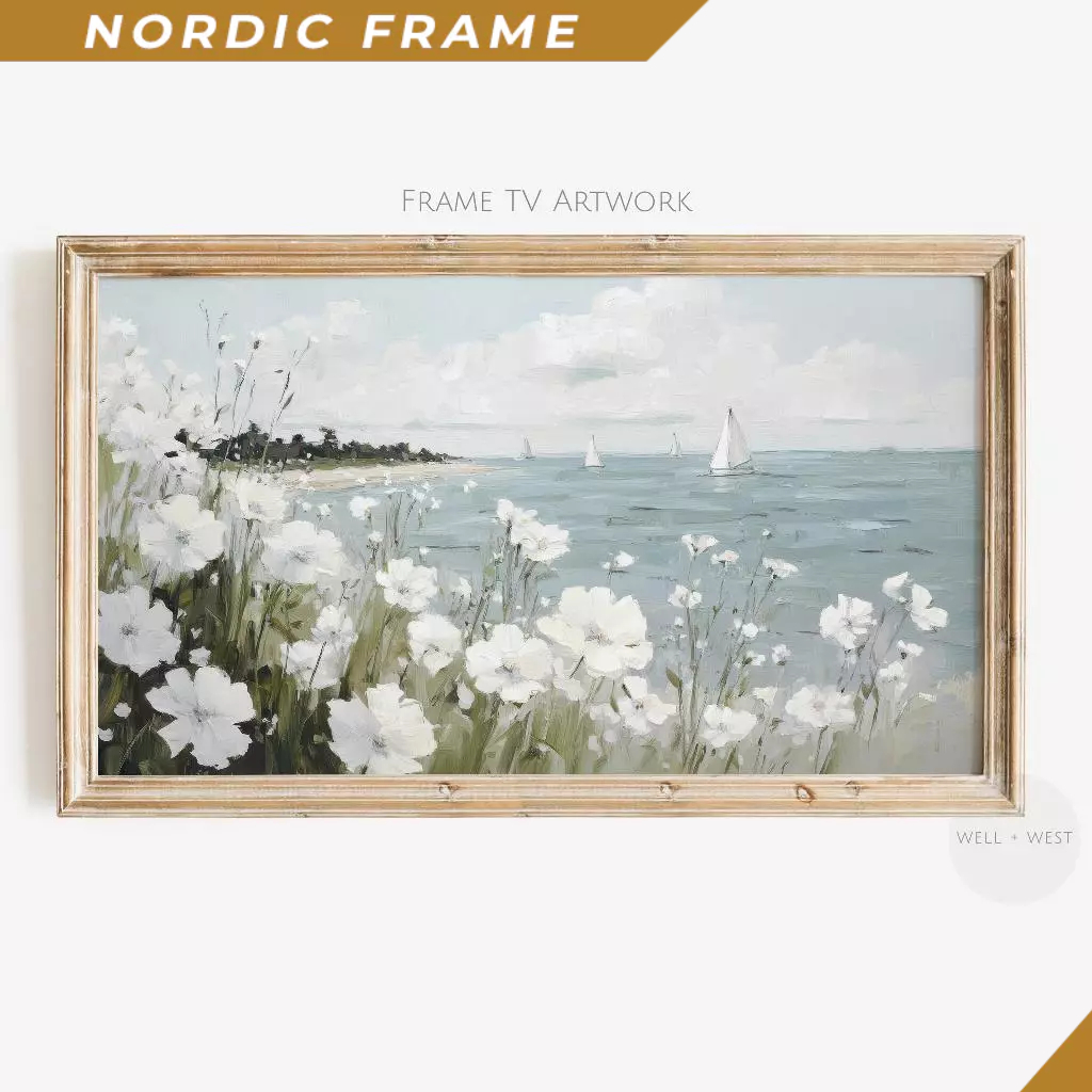 Tranh treo tường, Spring Coastal Frame TV Art  Vintage Style Flower Meadow  Sailboat Seascape Art  C