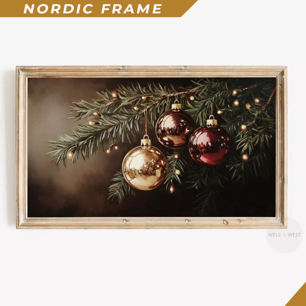 Tranh treo tường, Christmas Frame TV Art  Tree Ornaments Oil Painting  Moody Vintage Holiday Decor  