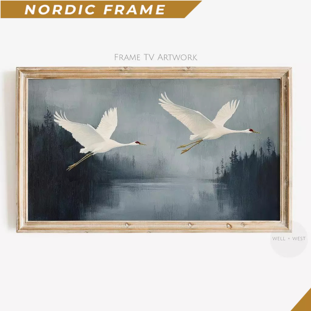 Tranh treo tường, Crane Frame TV Art  Vintage Style Bird Painting  Spring Lake House Decor  Sandhill