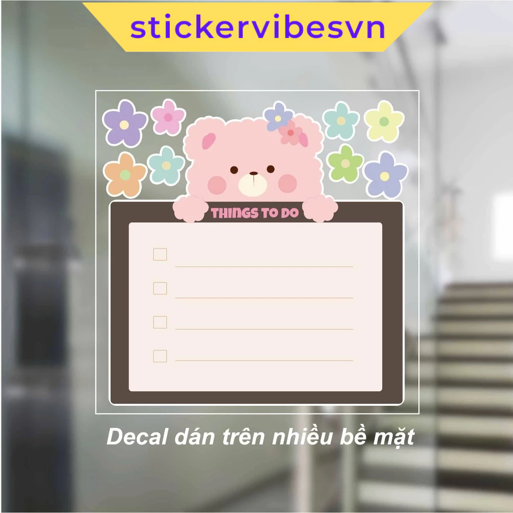 Decal Sticker, Bear ghi chú dễ thương, Check List, List to do, viết bút lông bảng xóa được, dán góc 