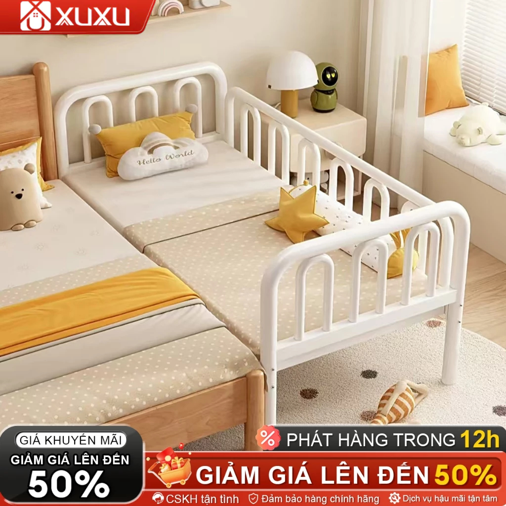 Giường Sắt em có thể ghép nối Khung thép chắc chắn bền bỉ bảo vệ an toàn với 3 mặt thanh chắn