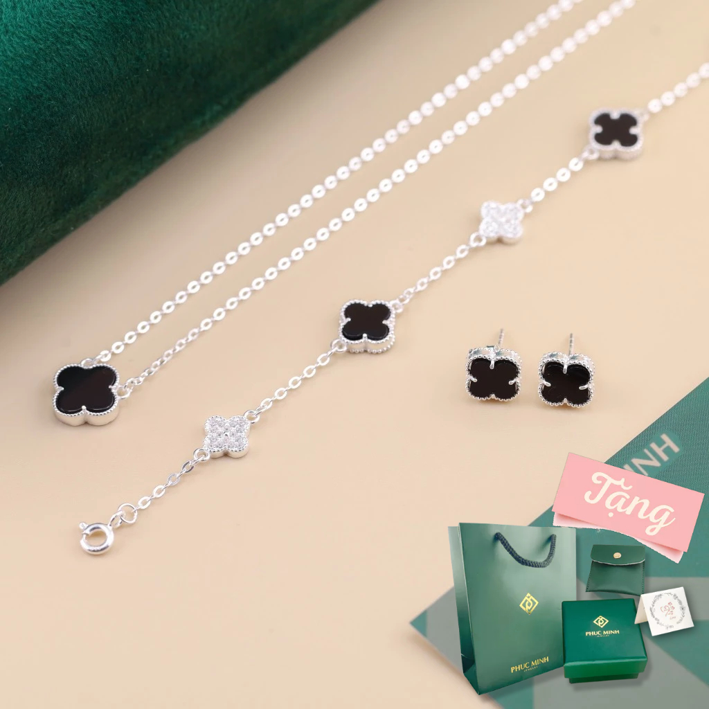 Bộ quà tặng trang sức bạc PMJ dây chuyền lắc tay khuyên tai cỏ 4 lá may mắn Phúc Minh Jewelry