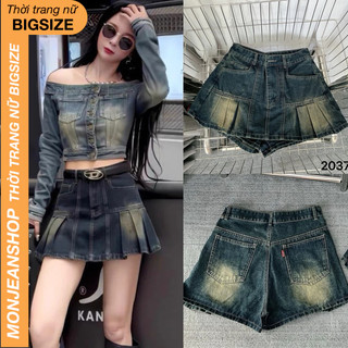  Quần Giả Váy Jean Bigsize 55-85kg Lưng Cao Phối Xếp Ly Chân Váy Jean Bigsize Ms2037N 