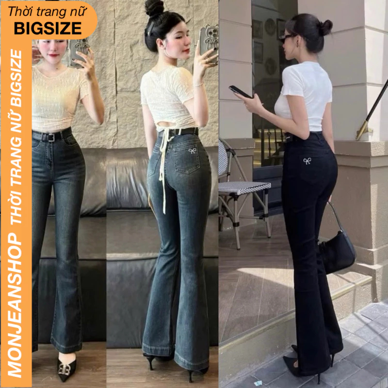  Quần Jean Nữ Ống Loe Bigsize 55-90kg Co Giãn Lưng Cao Thêu Nơ Túi Sau Xinh Xắn Quần Bò Kiểu Ống Loe Bigsize Ms500 