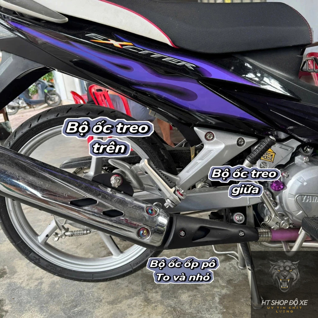 Bộ ốc salaya inox 304 treo pô zin Ex135 (2005-2010) kèm ốc ốp pô kèm long đền đỏ