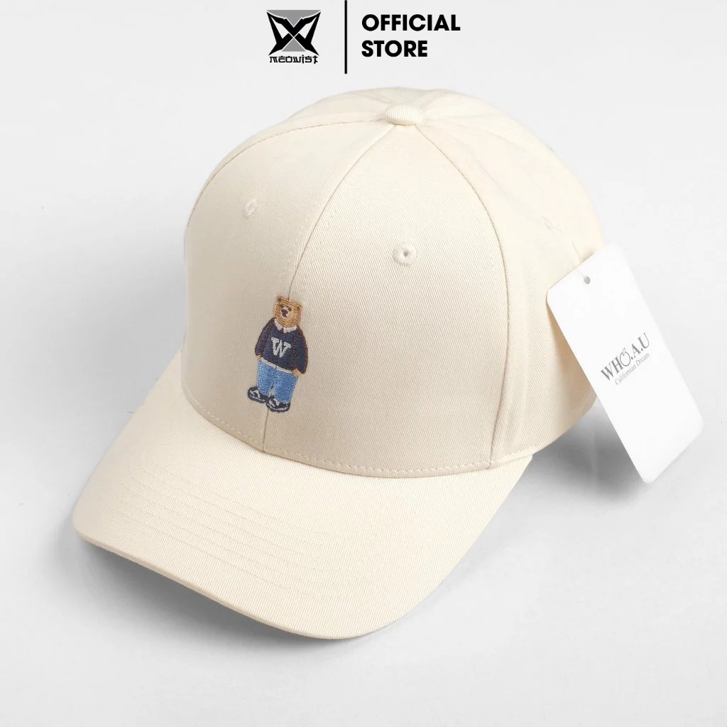 Mũ Nón lưỡi trai Meowist Unisex WHOAU chất liệu vải Kaki logo Gấu Cream ,nón lưỡi trai Hàn Quốc