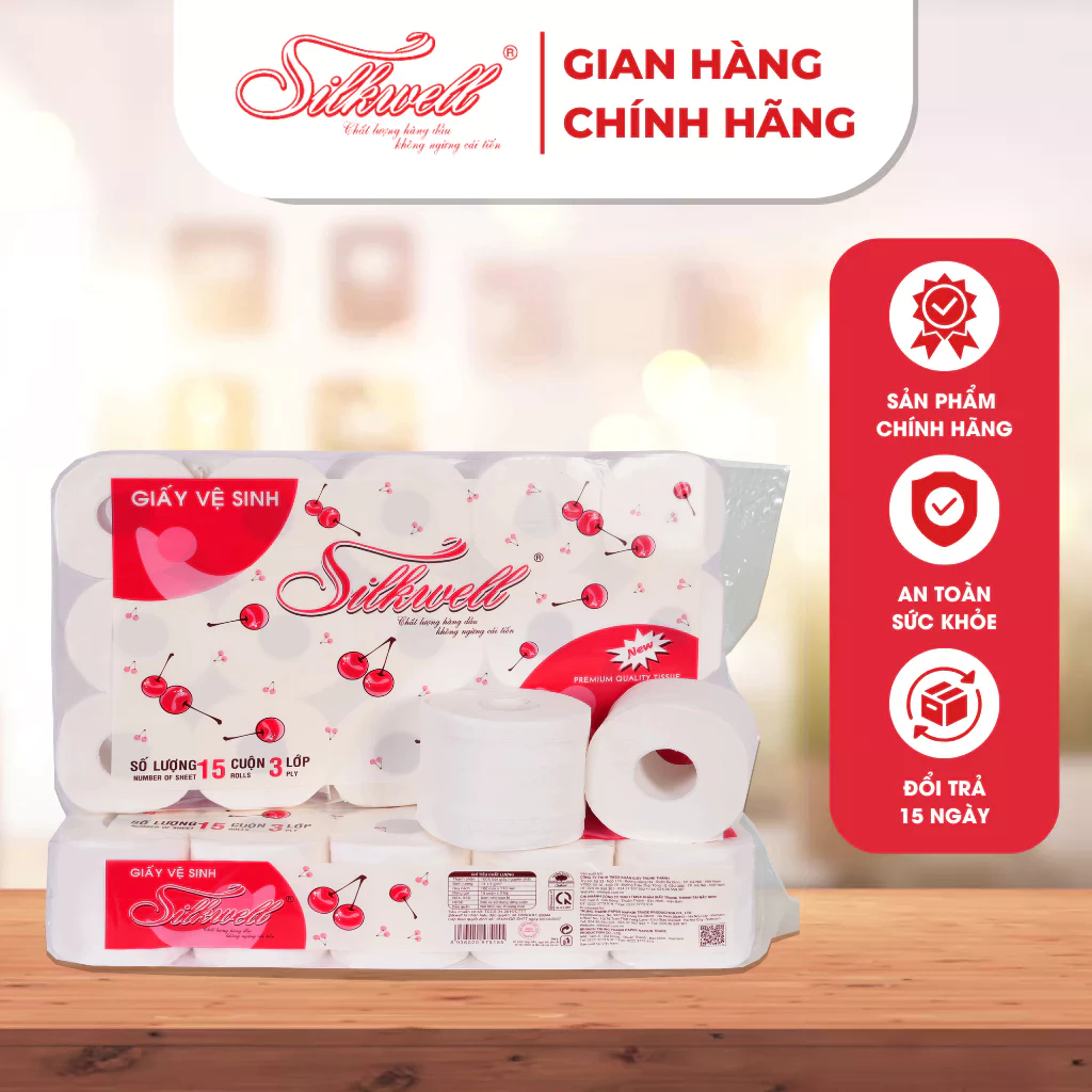 Giấy vệ sinh Silkwell Cherry 15 cuộn 3 lớp chính hãng mềm mịn siêu dai