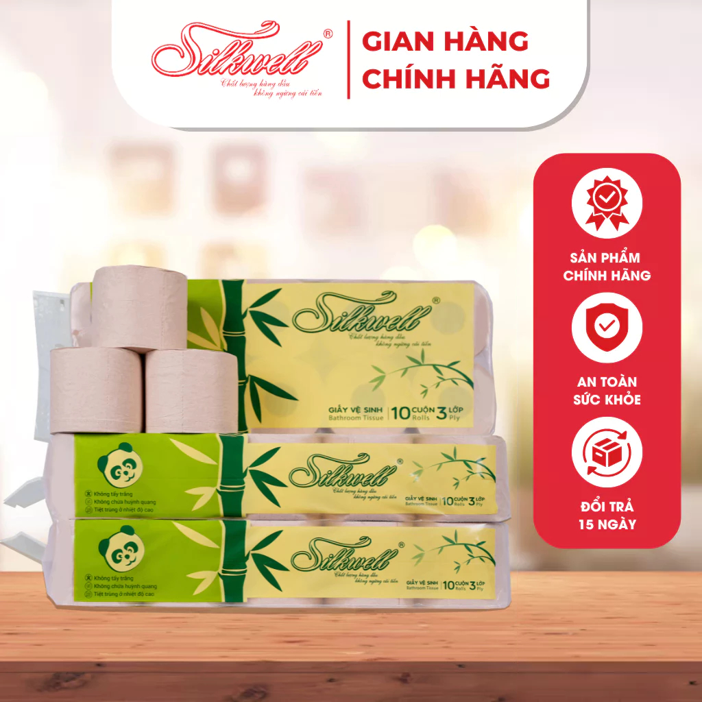 Giấy vệ sinh gấu trúc Silkwell 10 cuộn 3 lớp ,100% bột tre nhập khẩu