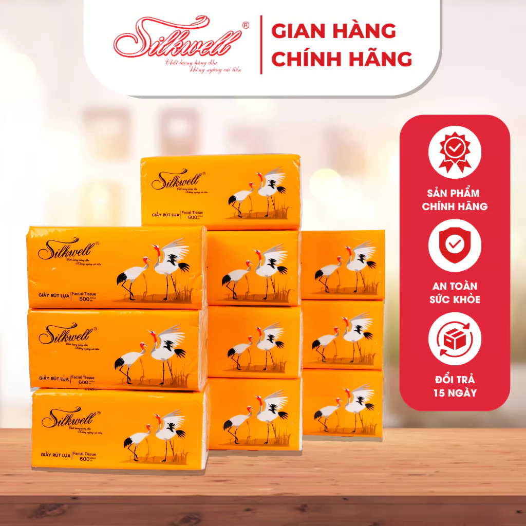 Combo 10 gói Giấy rút lụa Sếu 200 tờ 3 lớp, giấy ăn Silkwell cao cấp mềm mịn không tẩy trắng