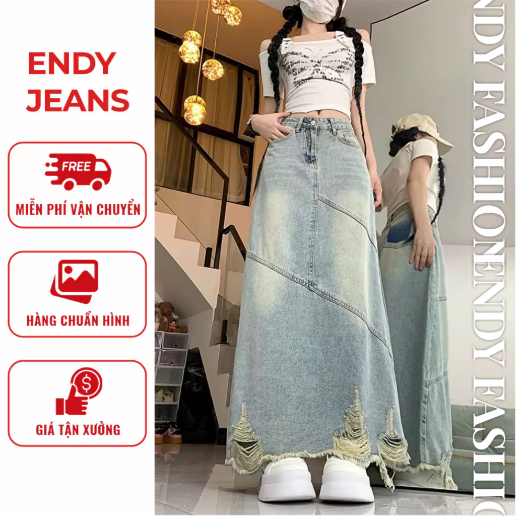 Chân váy jeans nữ dáng dài rách gối cạp cao, chân váy bò chữ A xẻ tà sau phong cách Hàn Quốc ED51