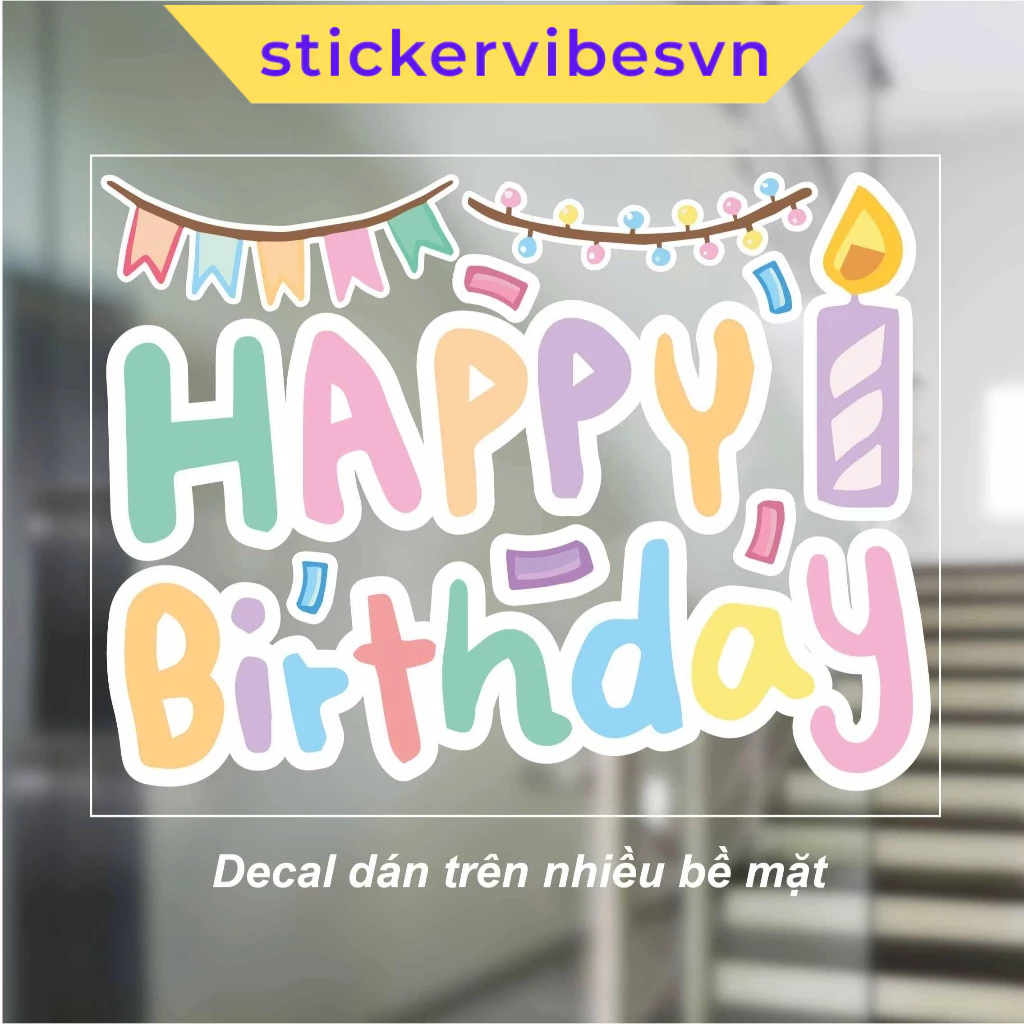 Decal Sticker, chữ "HAPPY Birthday" và Purple Candle dễ thương cute, decor kính, tiệc sinh nhật, phò