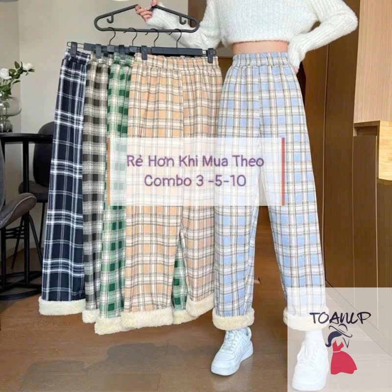 Quần Ống Rộng Lót Lông, Quần Lót Lông Dáng Suông Phối Kẻ Thời Trang Thu Đông Hot Trend Cho Nữ 172