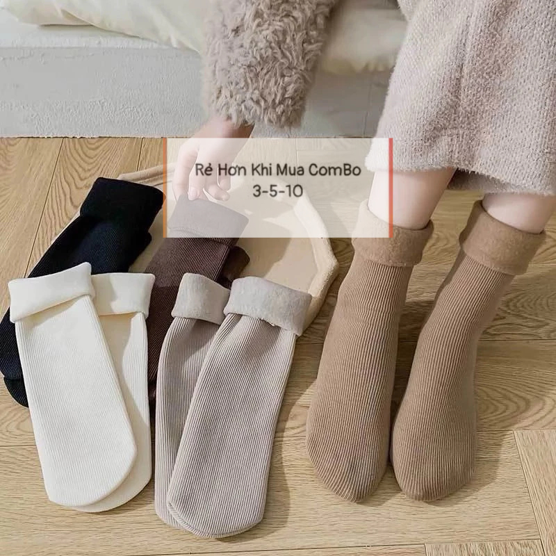 Set 5 Đôi Tất Vớ Cotton Lót Lông Nỉ Giữ Nhiệt Cao Cổ Siêu Ấm Màu Pastel Cho Nữ Tcc8