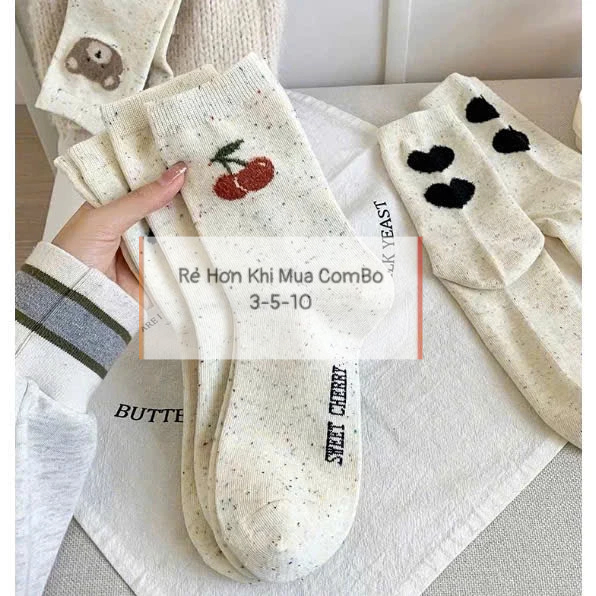 Set 10 Đôi Tất Cao Cổ Nữ Màu Muối Tiêu Họa Tiết GẤU CHERRY Phong Cách Hàn Quốc Siêu Hot MTIEU