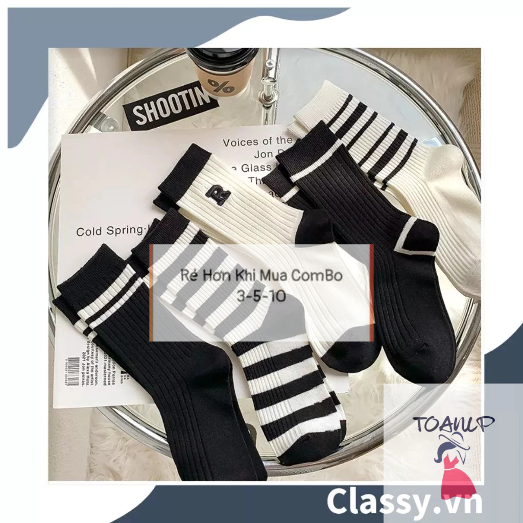 Set 5 Đôi Tất Gấu Kẻ Đen Trắng Mẫu Mới Cao Cổ Phong Cách Hàn Quốc TT15