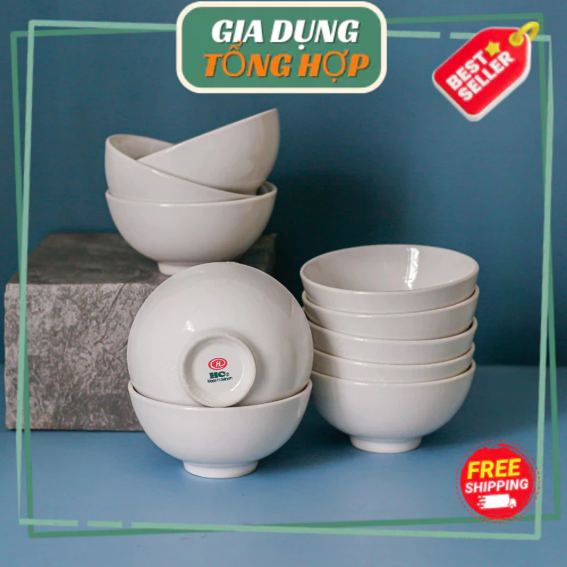 Bộ 10 chén cơm sứ trắng trơn - Sứ Hảo Cảnh - HC011B