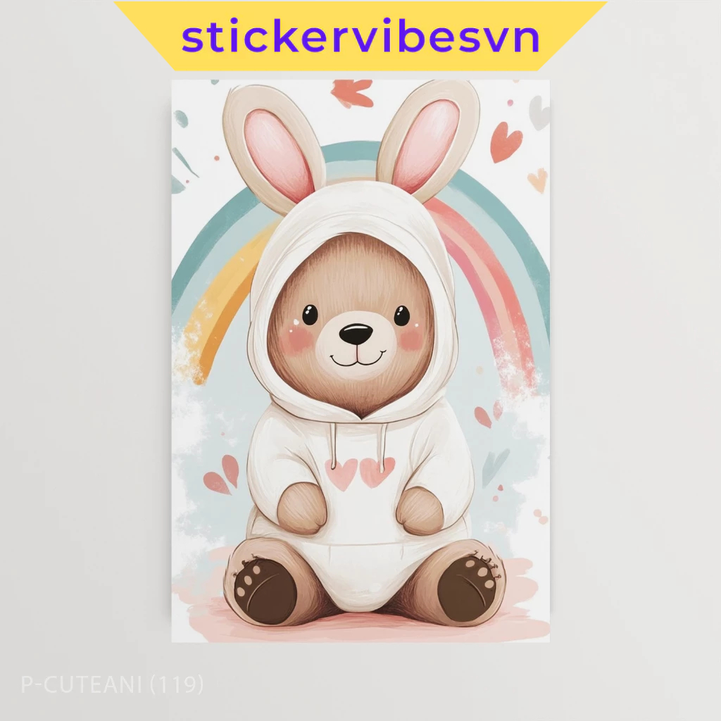 Tranh dán tường fomex, Adorable Bunny in Cozy Hoodie, có sẵn keo dán 2 mặt, nhận in theo yêu cầu