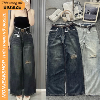  Quần Jean nữ ống suông rộng Bigsize 55-90kg lưng cao viền ren phối rách kiểu quần bò nữ ống rộng bigsize Ms388 