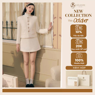   GIẢM 30K 0K  CÉLESTE - Set Áo Dạ Tweed Tay Dài Và Chân Váy Dáng Ngắn Chữ A Livy Set Cổ Tròn Có Túi 