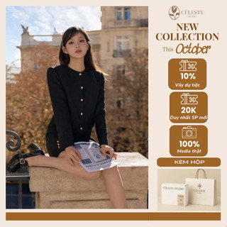   GIẢM 30K 0K  CÉLESTE - Set Áo Chân Váy Dáng Ngắn Chữ A Lisa Set Áo Dạ Tweed Tay Dài Cổ Tròn Có Túi Giả 