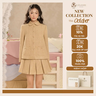   GIẢM 30K 0K  CÉLESTE- Set dạ tweed  Donna Set Áo dạ tweed tiểu thư Chân váy dạ xếp ly áo cổ sen tiểu thư 
