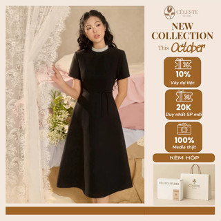  CÉLESTE - Váy Đầm Dáng Dài Charlotte Dress Vải Dạ Mỏng Cổ Tròn Đính Ngọc Phối Nơ Eo Thanh Lịch 