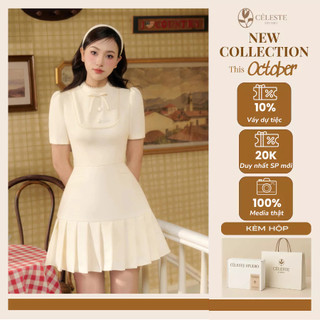 CÉLESTE - Váy Đầm Tiểu Thư Dáng Xoè Xếp Ly Đính Nơ Chất Thô Chéo Mềm Jessie Dress