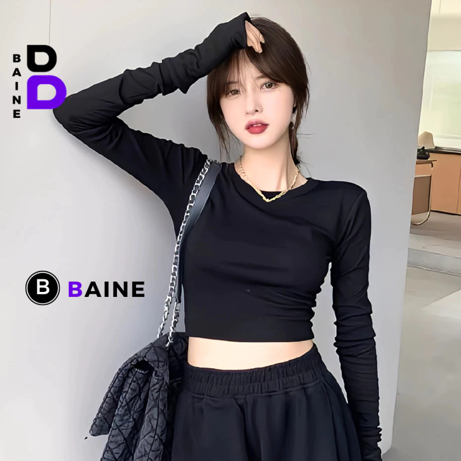 Áo Croptop TAY DÀI CỔ TRÒN Chất Thun Gân Kiểu Trơn CR105, Áo Thun Ôm Body Nữ Đẹp Tôn Dáng BAINE