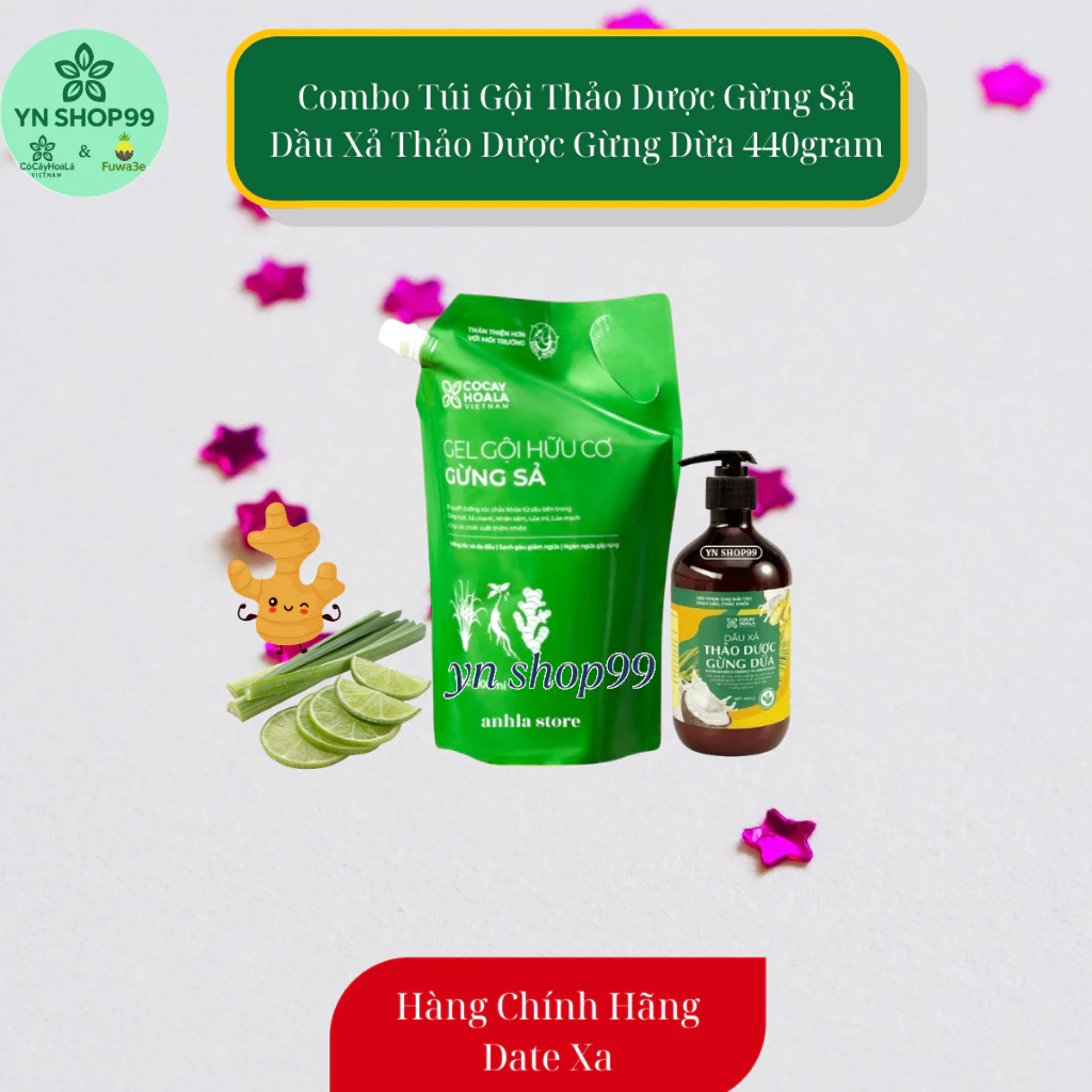 Combo Túi Gội Thảo Dược Gừng Sả Cỏ Cây Hoa Lá & Dầu Xả Thảo Dược Gừng Dừa 440gram