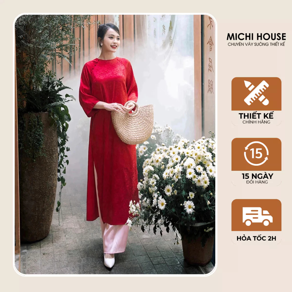 Áo Dài Nữ Dáng Suông MICHI HOUSE Set Áo Dài Tết Cách Tân Dáng Dài Qua Đầu Gối AD11