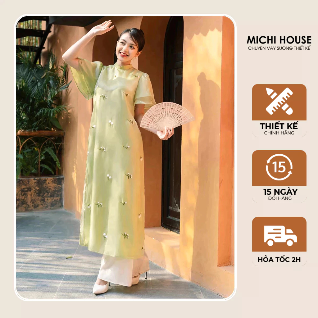 Áo Dài Nữ Dáng Suông MICHI HOUSE Áo Dài Cách Tân Thêu Hoa Sang Trọng Mặc Lễ Tết AD12