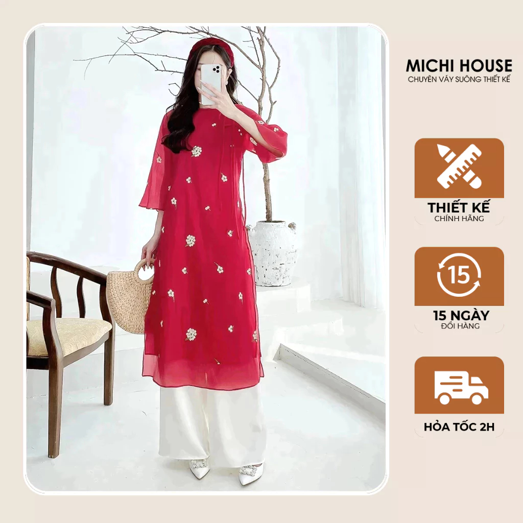 Áo Dài Nữ Màu Đỏ MICHI HOUSE Áo Dài Cách Tân Dáng Suông Thêu Hoa Sang Trọng AD13