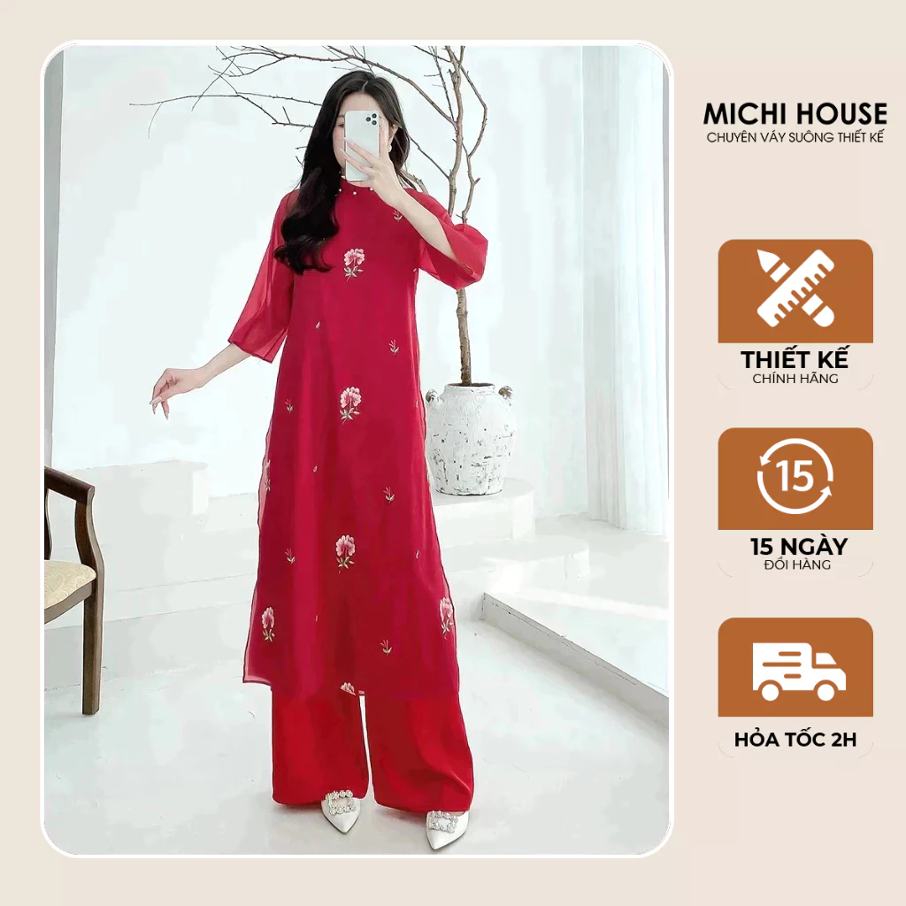 Set Áo Dài Nữ Cách Tân MICHI HOUSE Áo Dài Màu Đỏ Dáng Suông Mặc Lễ Tết AD17