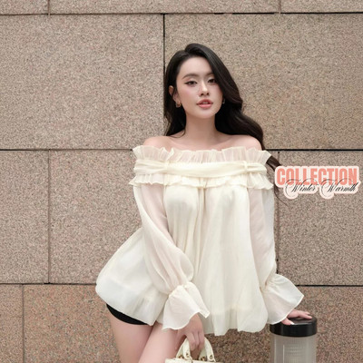 Áo kiểu KAYLIN trễ vai tay dài chất vải voan tơ mềm mại phong cách tiểu thư cá tính BST Tháng 11.2025 - A96T11