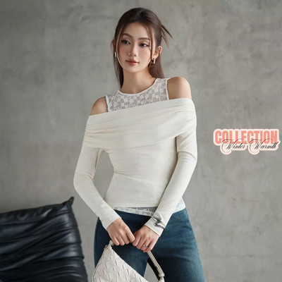 Áo kiểu KAYLIN ren phối thun tay dài trễ vai form ôm chất thun co giãn phong cách cá tính BST Tháng 11.2025 - A105T11