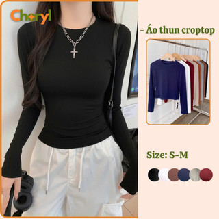 Áo croptop cổ tròn tay dài nữ dáng ôm vải thun coton co giãn 4 chiều kiểu basic  body màu đen đẹp CHR292