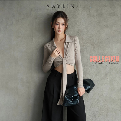 Áo kiểu KAYLIN form croptop tay dài cổ sơ mi phối dây chất vải thun cotton phong cách gợi cảm BST Tháng 11.2025 - A99T11