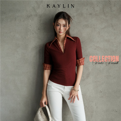 Áo thun KAYLIN kiểu sơ mi phối cổ V chất vải thun co giãn phong cách cá tính BST Tháng 11.2025 - A103T11