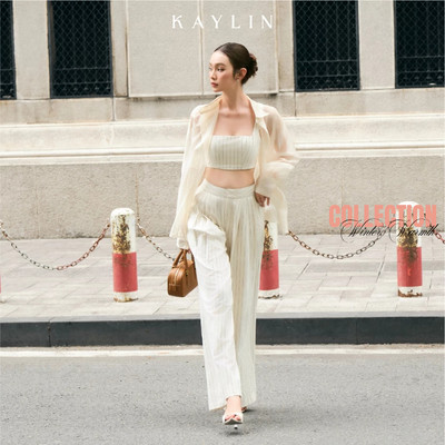 Set KAYLIN áo Bra phối quần suông sọc chất vải voan silk phối linen phong cách cá tính BST Tháng 11.2025 - SET90T11