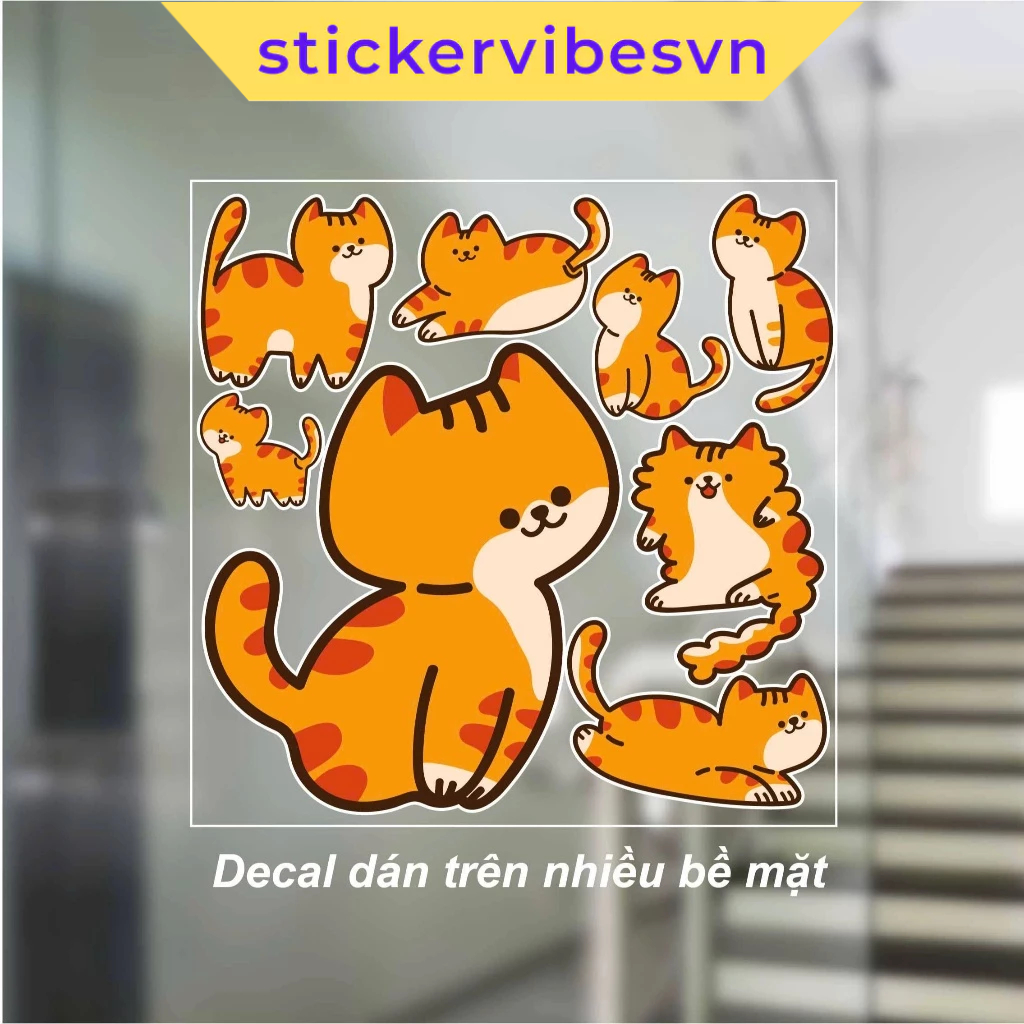 Decal Sticker, Orange Chubby Cat/ Hội Mèo Cam Xinh dễ thương cute, decor kính, dán cửa hàng, lớp học