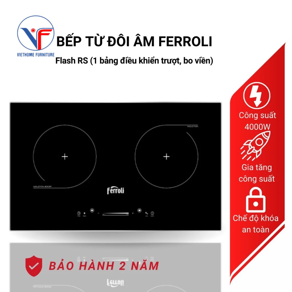 Bếp từ đôi Ferroli Flash RS thiết kế bo viền, 1 bảng điều khiển trượt, công suất cao 4000W, bảo hành