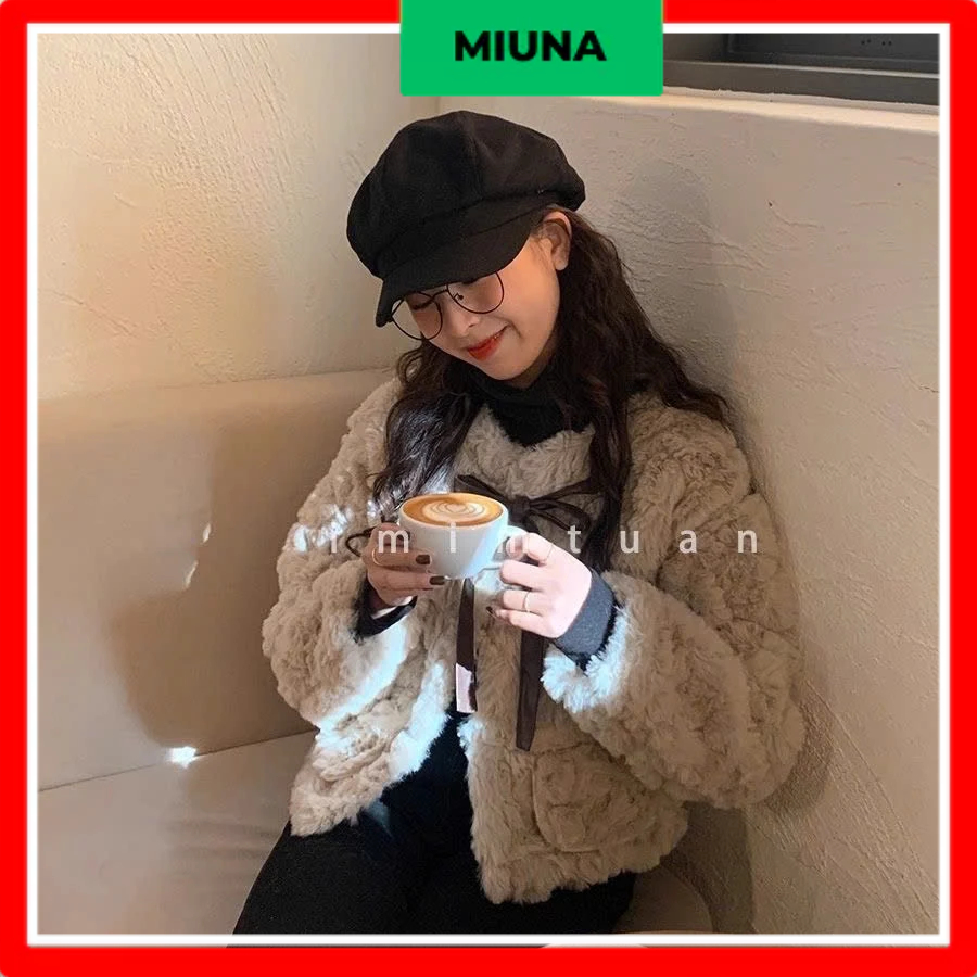 Áo khoác lông Miuna thắt nơ nữ tính, Áo khoác lông dáng ngắn phong cách Hàn Quốc AK61