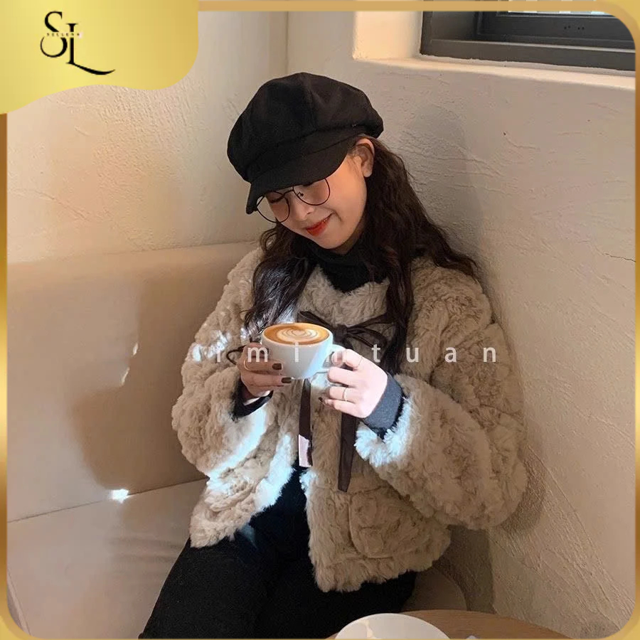 [Có ảnh thật] Áo khoác lông 𝑺𝒆𝒍𝒍𝒆𝒏𝒂 thắt nơ nữ tính, Áo khoác lông dáng ngắn phong cách Hàn Quốc AK6