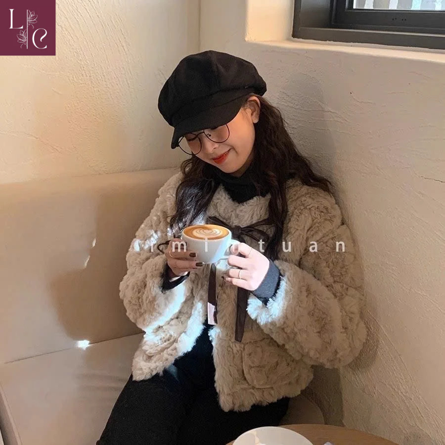 Áo khoác lông 𝑳𝒆𝒏𝒂 thắt nơ, Áo khoác lông mùa đông dáng ngắn phong cách Hàn Quốc AK61