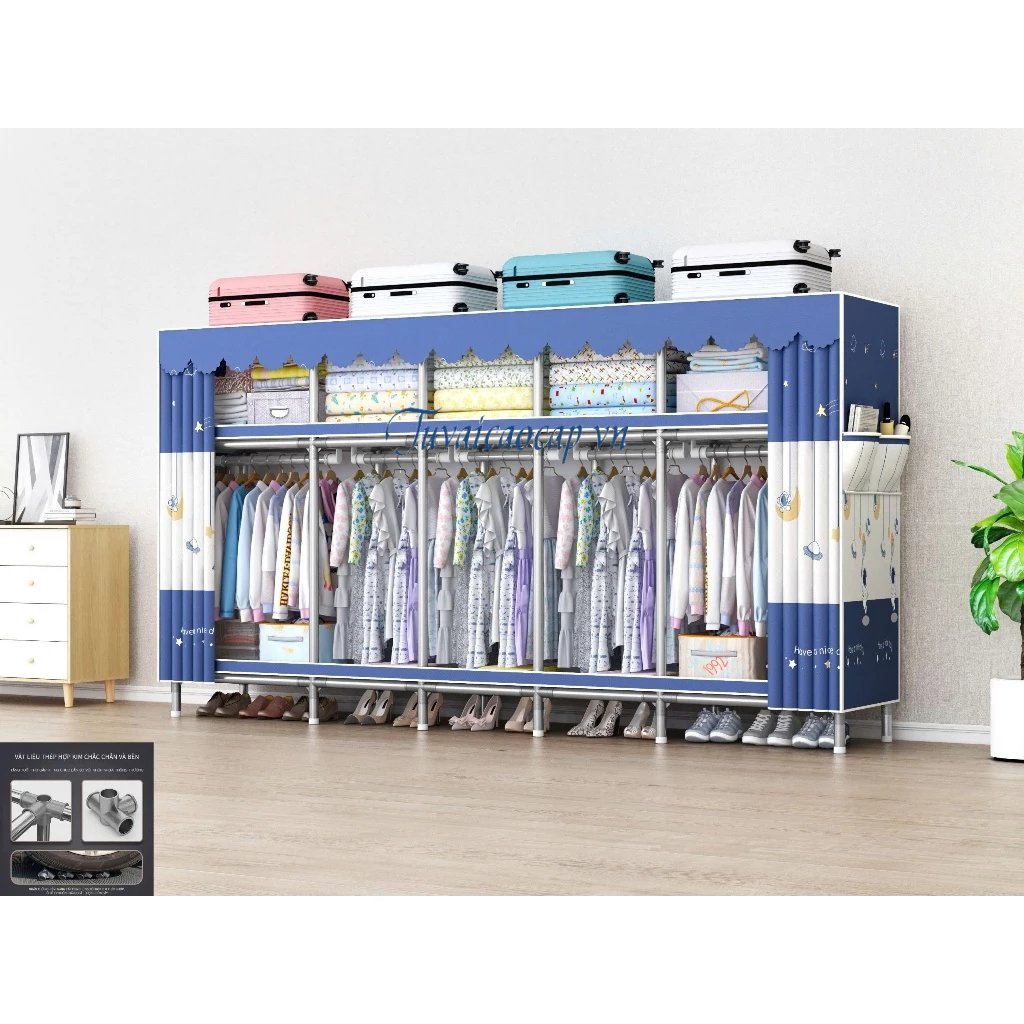 Kệ Treo Quần Áo Đa Năng Tủ Vải Khung Thép Titan CHỐT NỐI THÉP Quần Áo Vải Metal kích thước lớn 2m1 c