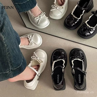 [Peinn] Giày búp bê nữ tăng chiều cao mũi tròn mix ren phong cách tiểu thư mã qv559
