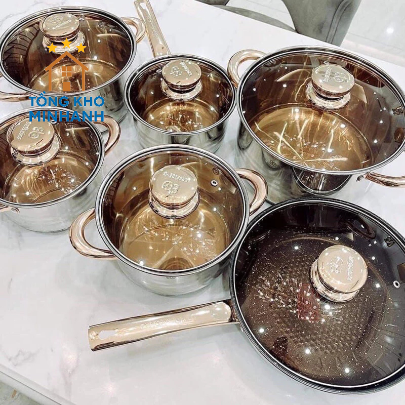 Bộ nồi đức 6 món ilox 9 đáy lắp kín cao cấp.