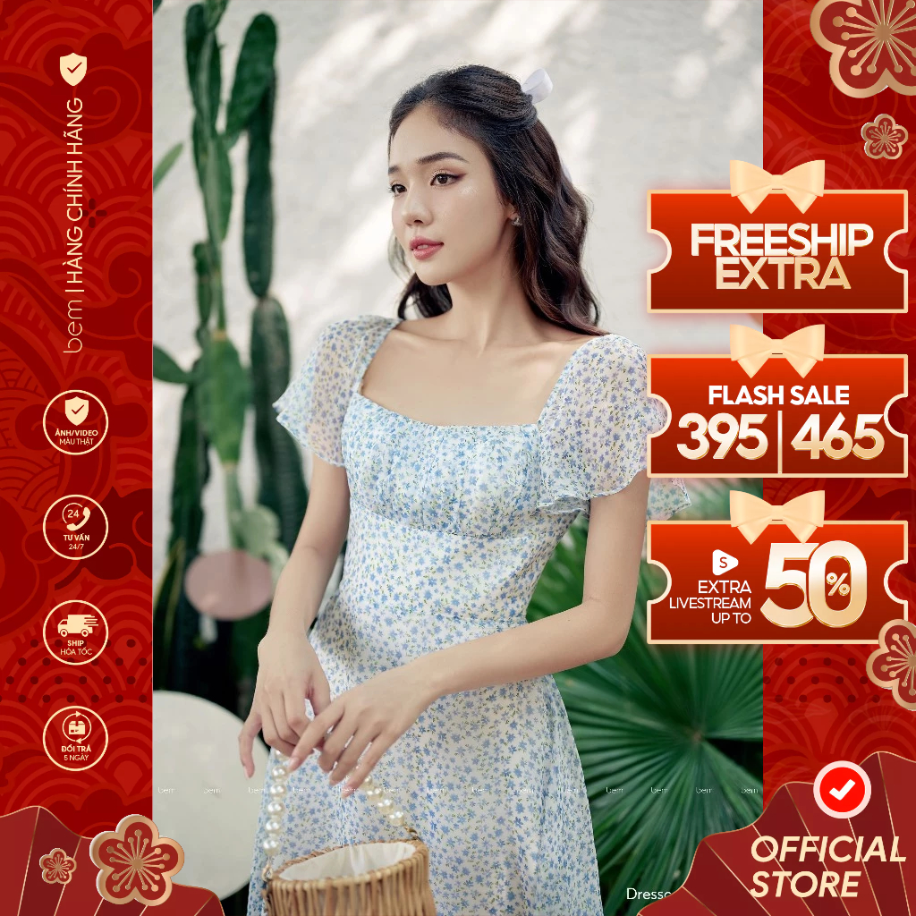 Đầm Hoa Xanh Dịu Mắt Ngực Xếp Tay Cánh Tiên BEM Studio (DR326)
